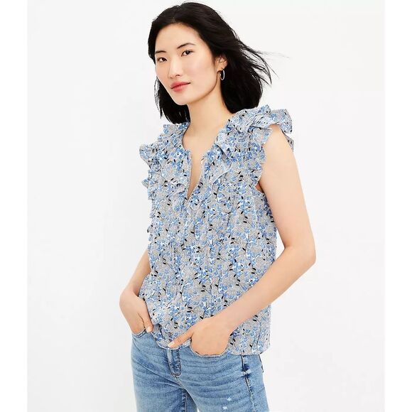 LOFT Bouquet Ruffle Tie Neck Shell Blue Size Small Floral Print - Picture 1 of 8